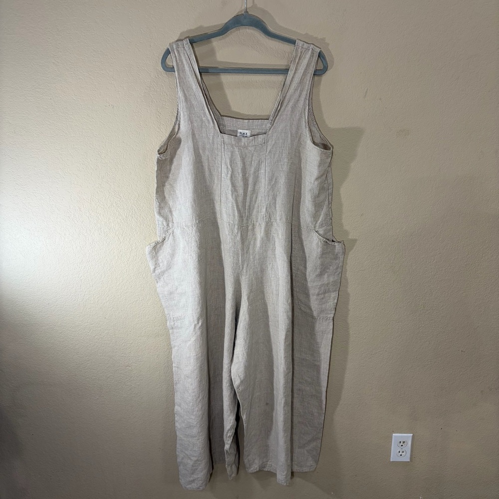 VTG FLAX by Jeanne Engelhart Plaid Linen Jumpsuit Beige Brown Sz L Cottagecore